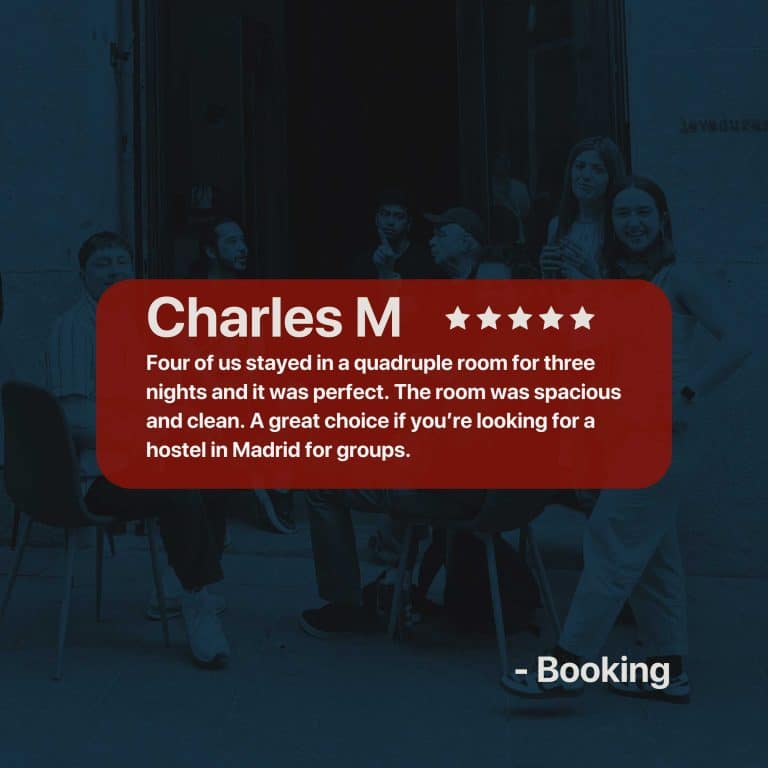 5-star review by Charles M: spacious, clean quadruple room for groups in central Madrid.