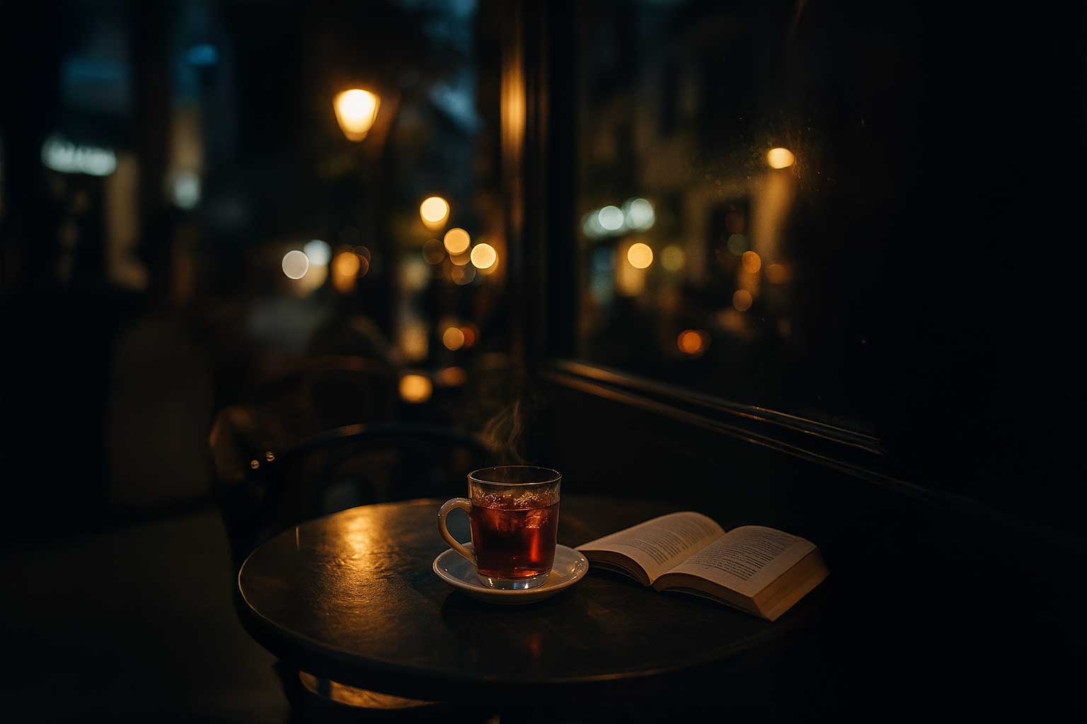café humeante, libro abierto y reflejo de farolas en el cristal.