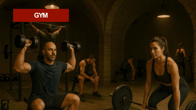 Underground gym space with people lifting weights and working out in a rustic, arched room.