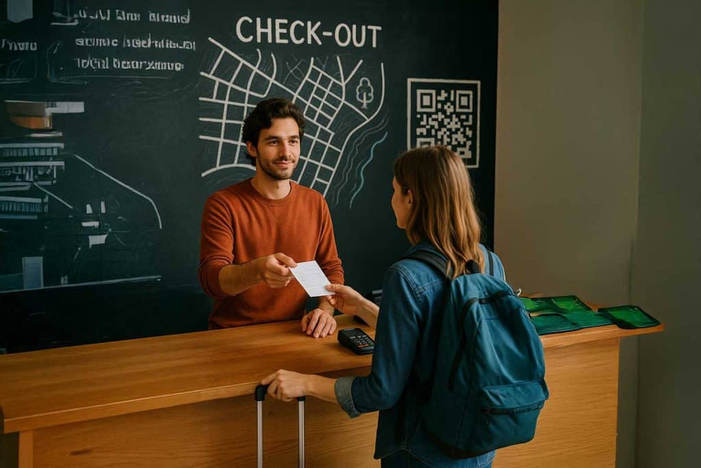 Recepcionista gestiona el check-in escalonado de estudiantes en la misma planta; docente en individual.