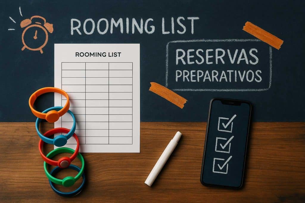 Rooming list con pulseras de colores y cartelería de normas en estilo tiza.