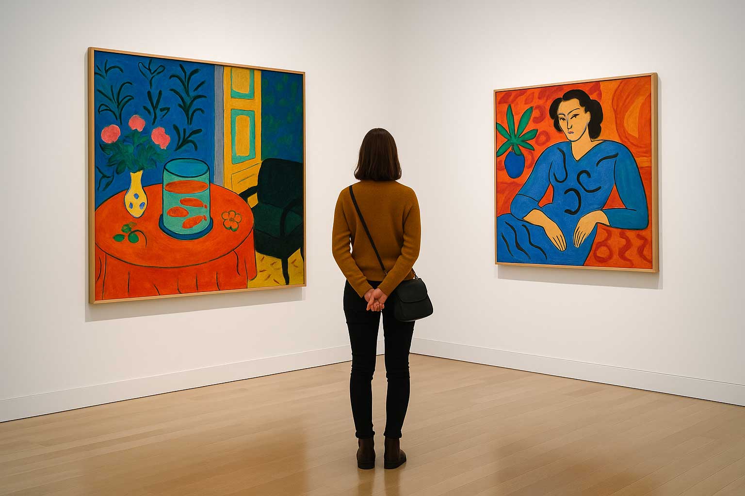 Visitante observando pinturas de colores vivos en una sala de exposición moderna en Madrid.