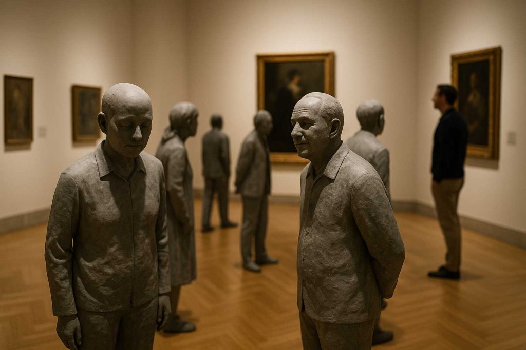 Grupo de esculturas humanas grises en una sala de museo observadas por un visitante.