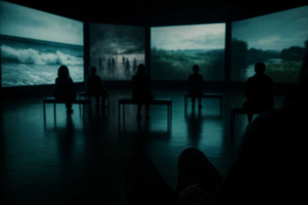 Vista en primera persona de una sala oscura con varias pantallas de vídeo encendidas en una instalación inmersiva.