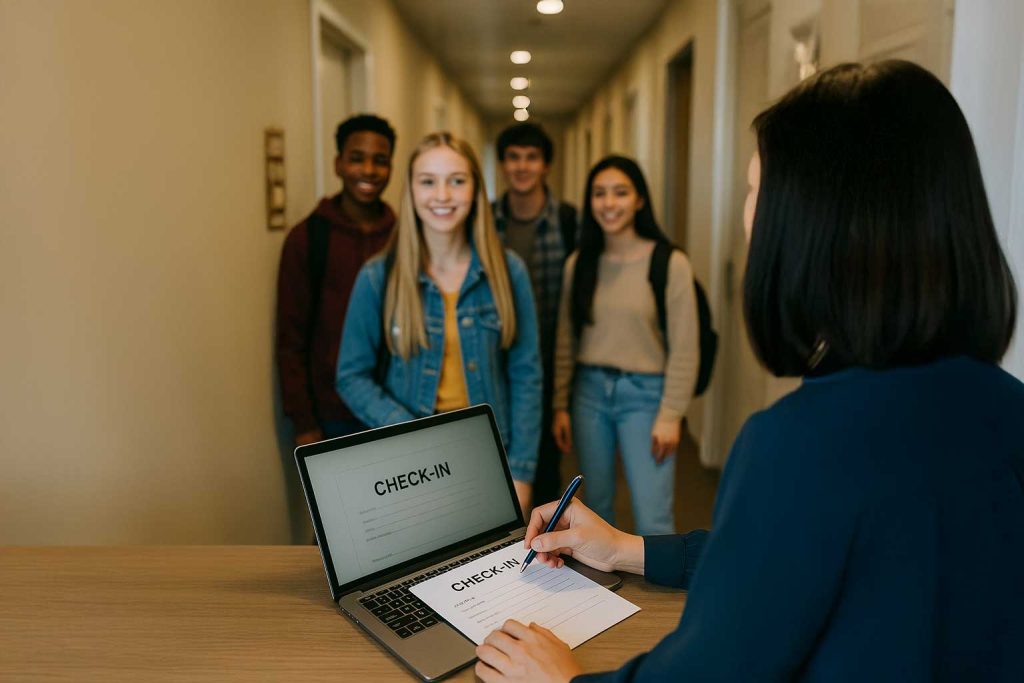 Recepcionista entrega ticket en el check-out con pizarra de mapa y QR para encuesta.
