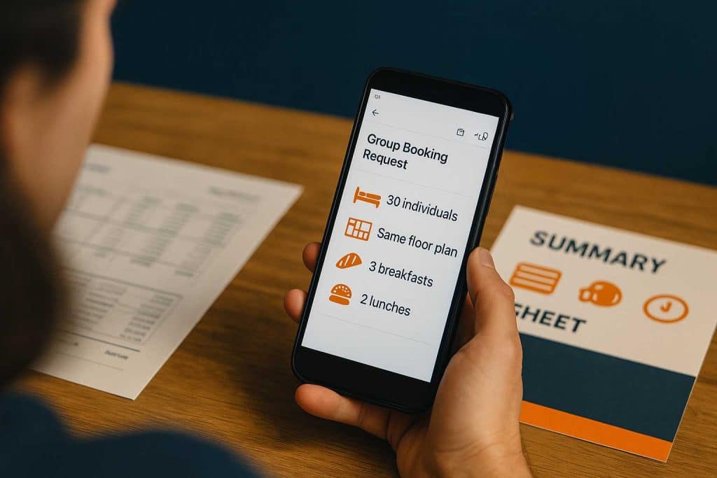 Recepcionista gestiona el check-in escalonado de estudiantes en la misma planta; docente en individual.
