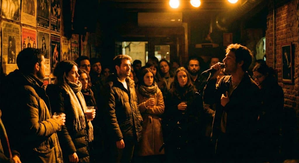 Concierto íntimo en una sala pequeña de Madrid durante Inverfest en enero.