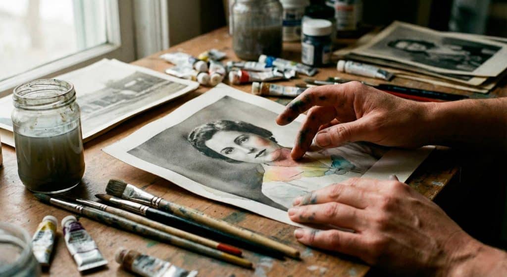 Manos pintando acuarela sobre una fotografía en blanco y negro al estilo de Ouka Leele.