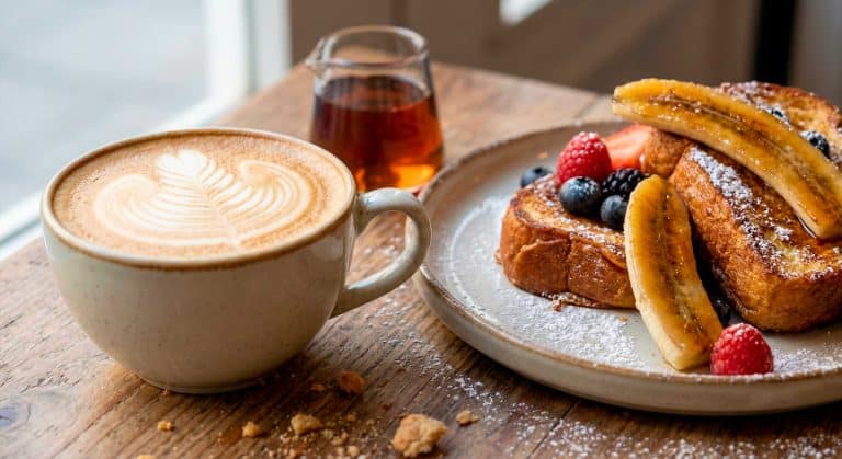 Flat white y desayuno en cafetería de Malasaña recomendado para teletrabajar varias horas.