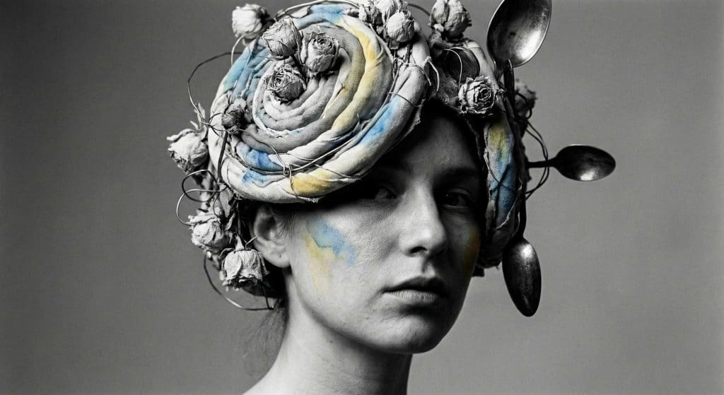 Retrato surreal en blanco y negro con toques de acuarela, inspirado en la serie “Peluquería”.