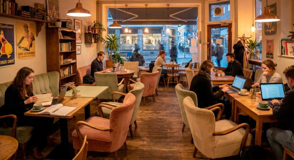 Cafetería vintage en Malasaña con ambiente cálido para trabajar por la tarde con WiFi.