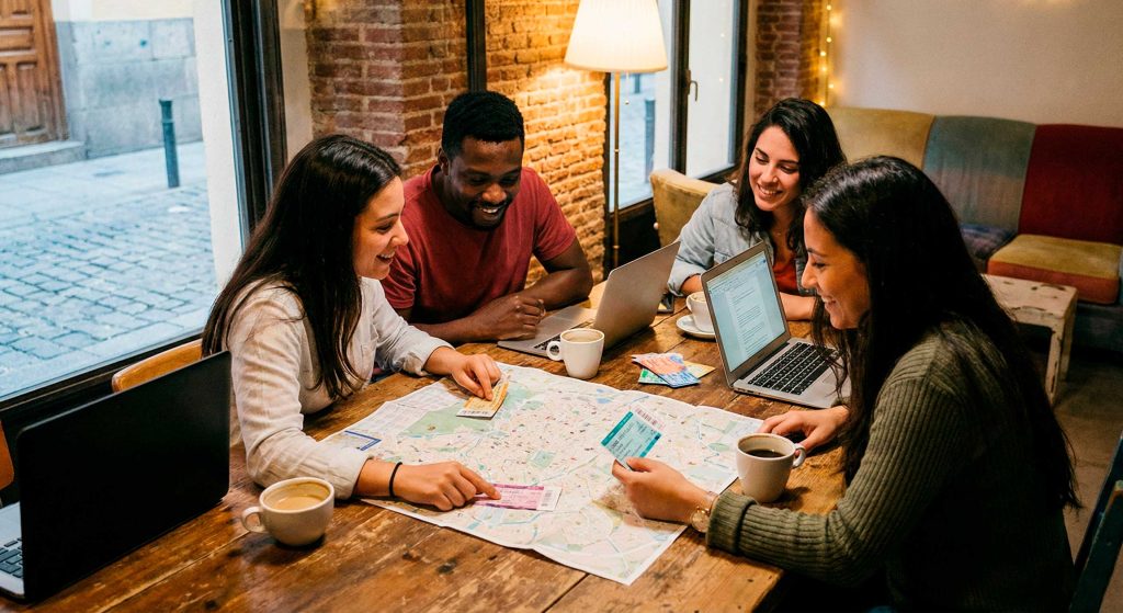 Viajeros organizando su ruta de Inverfest desde un hostel en Madrid con mapa y entradas.