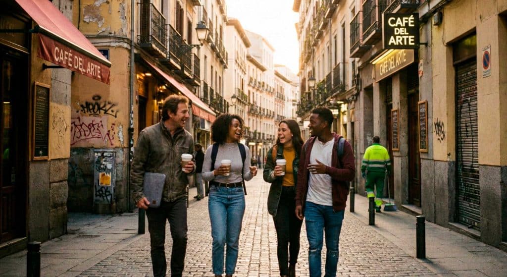 Calle de Malasaña por la mañana con café para llevar y portátil camino de una cafetería con WiFi.