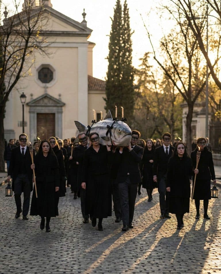 Cortejo del Entierro de la Sardina en Madrid al atardecer, cierre tradicional del Carnaval.