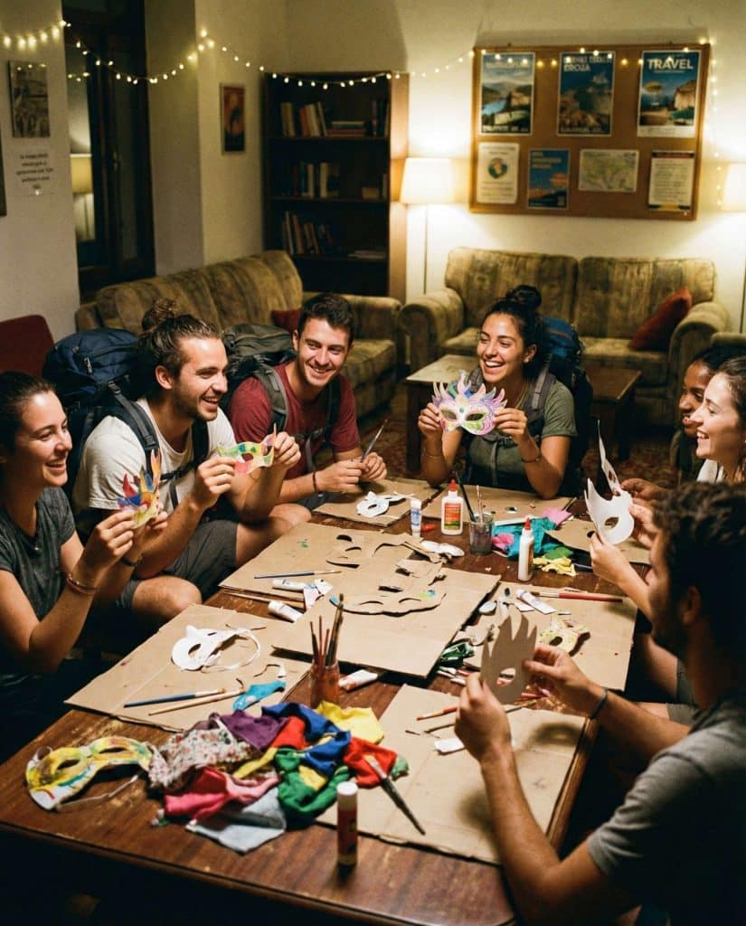 Viajeros preparando máscaras y disfraces en un hostel de Madrid antes del Carnaval.