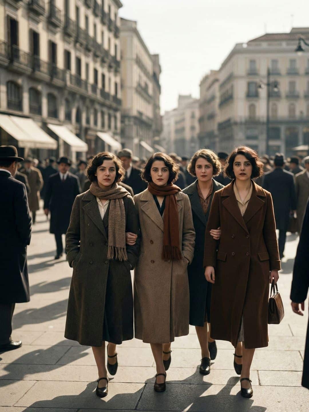 Mujeres inspiradas en Las Sinsombrero caminando sin sombrero por el centro de Madrid, estética años 20.