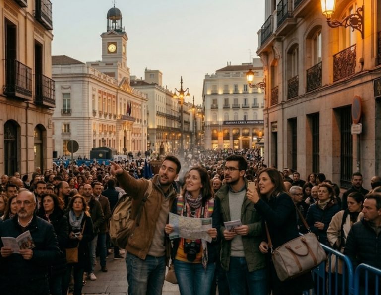 Personas esperando una procesión en Puerta del Sol.