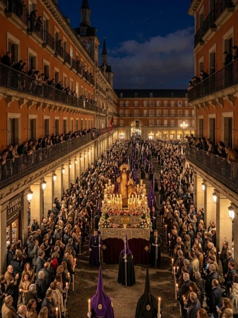 Ambiente nocturno en Plaza Mayor durante Semana Santa.
