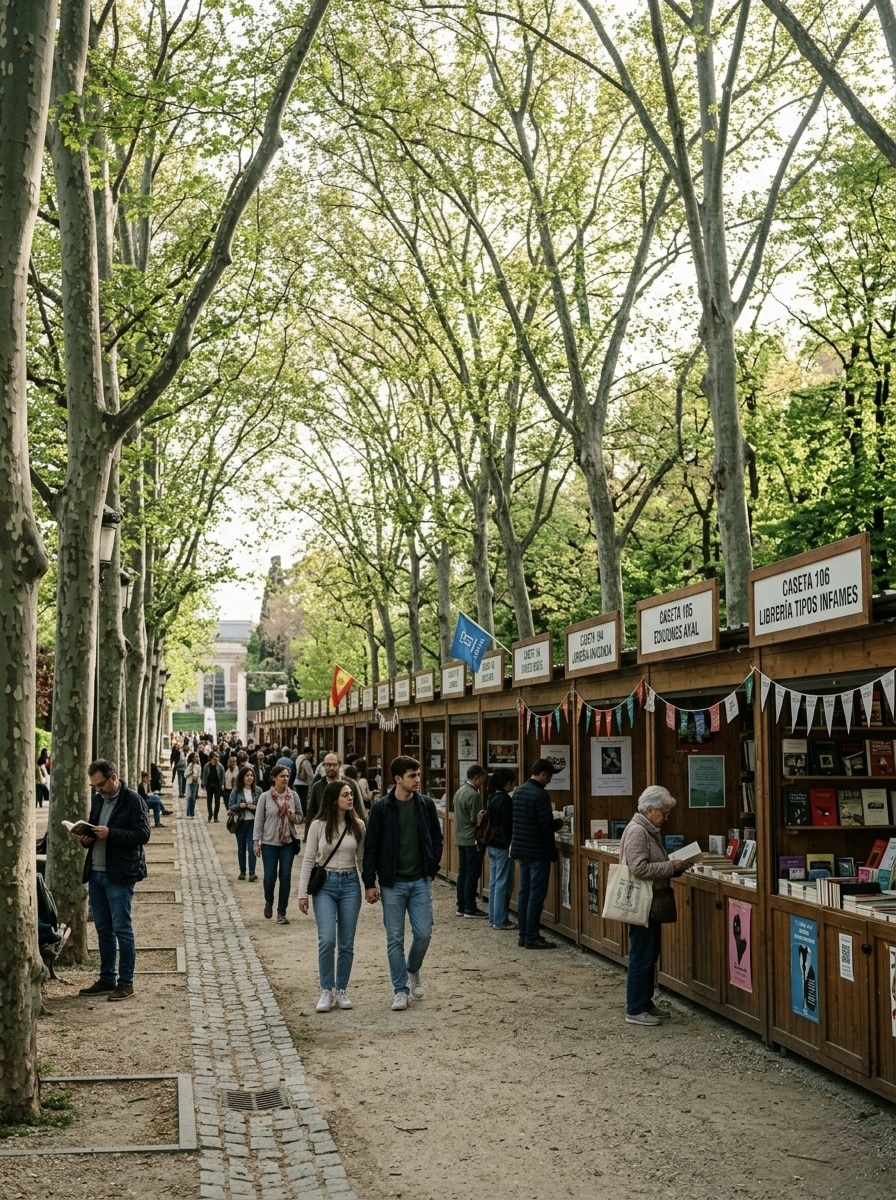 Casetas de la Feria del Libro de Madrid 2026 en El Retiro con visitantes paseando bajo los árboles.
