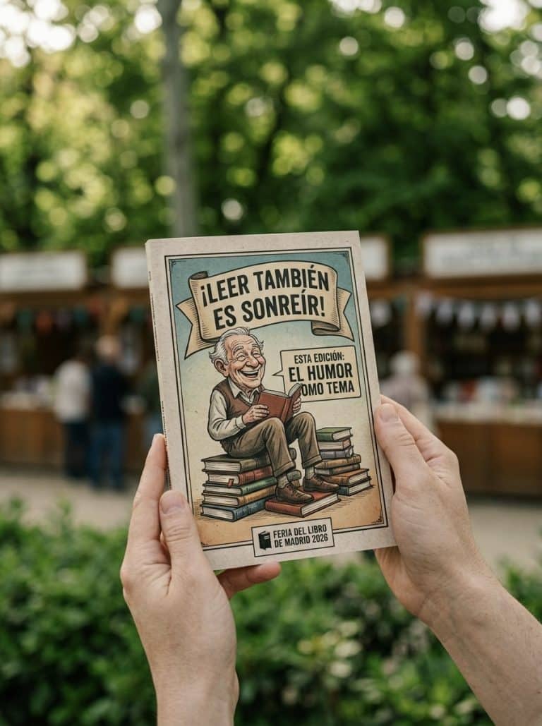 Detalle de libro ilustrado con tono humorístico en la Feria del Libro de Madrid 2026.