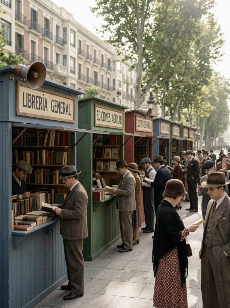 Recreación fotográfica de la Feria del Libro de Madrid en 1933 en el Paseo de Recoletos con casetas y altavoces.