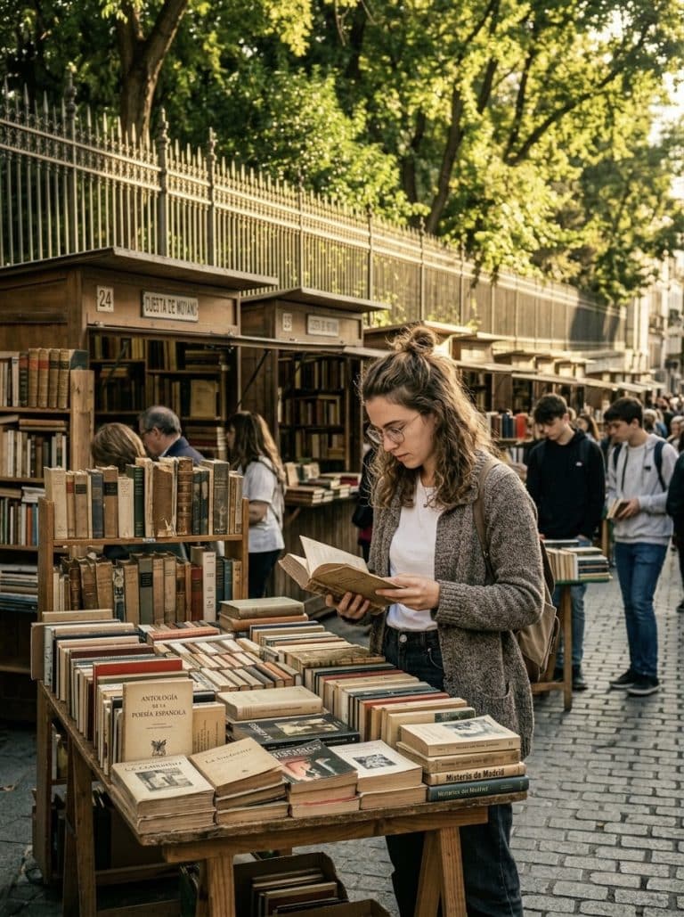 Puestos de libros de segunda mano en la Cuesta de Moyano, cerca del Retiro, con lectores curioseando.