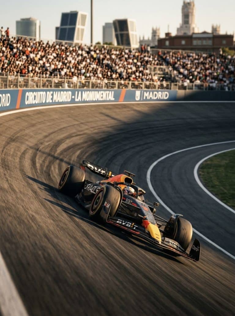 Monoplaza en una curva peraltada icónica del circuito de Fórmula 1 en Madrid tipo “La Monumental”.
