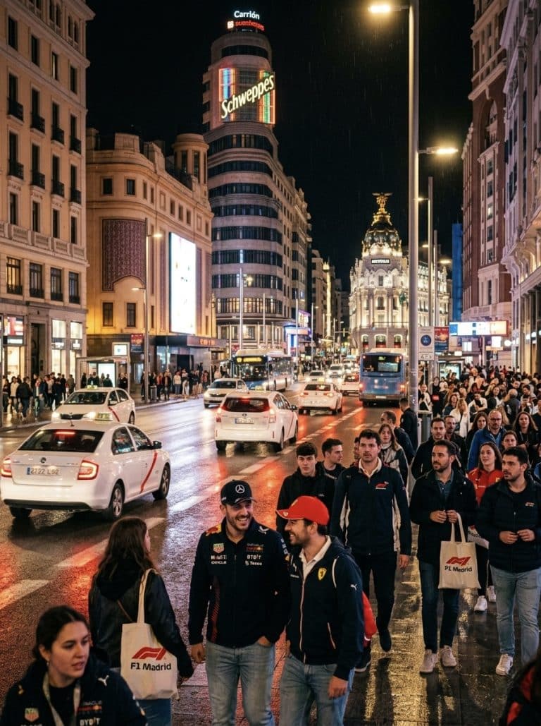 Gran Vía de Madrid de noche durante un fin de semana de gran evento internacional como la Fórmula 1.