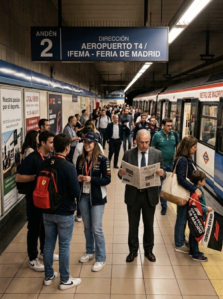 Metro de Madrid con visitantes y residentes durante un gran evento como el Gran Premio de Fórmula 1.