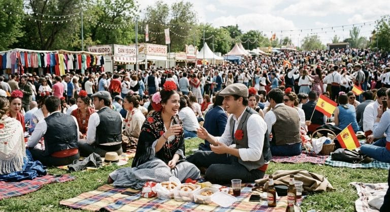 Pradera de San Isidro en Madrid con chulapos y ambiente de romería durante las fiestas.