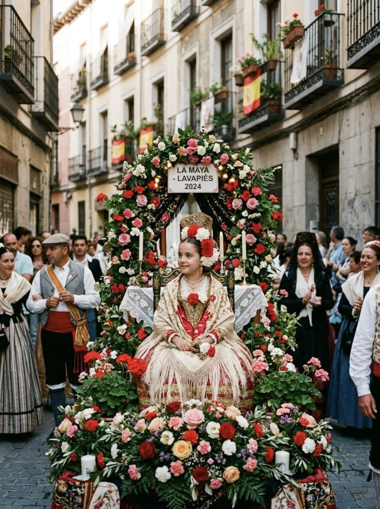 Fiesta de La Maya en Lavapiés con altar floral y trajes tradicionales durante San Isidro.