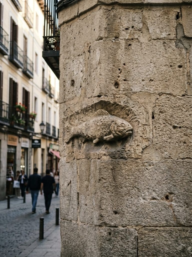 Detalle de un pez esculpido en piedra en una fachada de la Calle del Pez (Madrid).