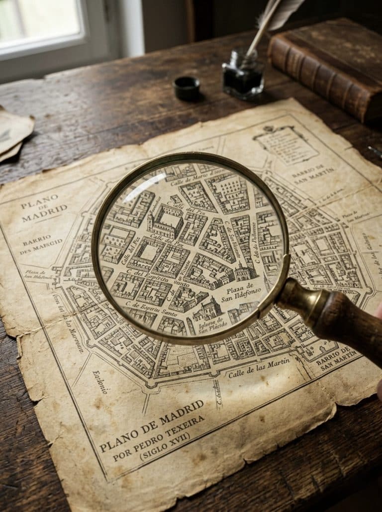 Mapa antiguo de Madrid con lupa, evocando el plano de Pedro Texeira y el Madrid del siglo XVII.
