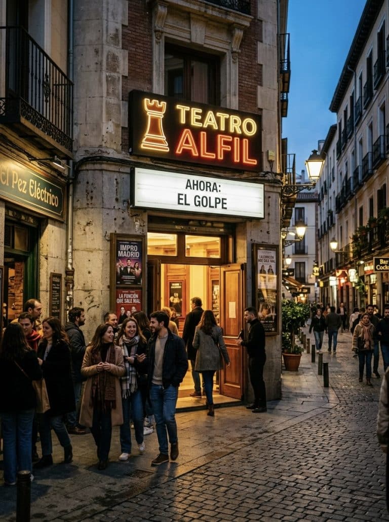 Fachada del Teatro Alfil en la Calle del Pez, Malasaña, con gente entrando al espectáculo.
