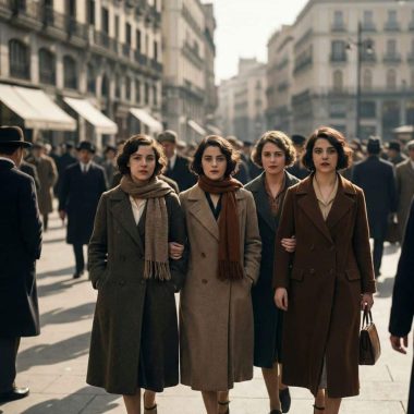 Mujeres inspiradas en Las Sinsombrero caminando sin sombrero por el centro de Madrid, estética años 20.